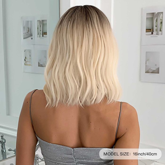 Peruka platynowy blond z grzywką lekkie fale ombre peruki damskie