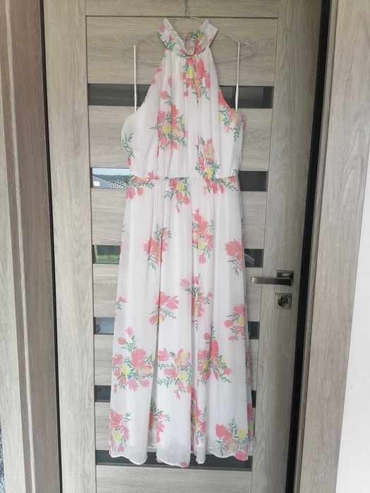 Nowa elegancka szyfonowa sukienka w kwiaty halter maxi 40 42
