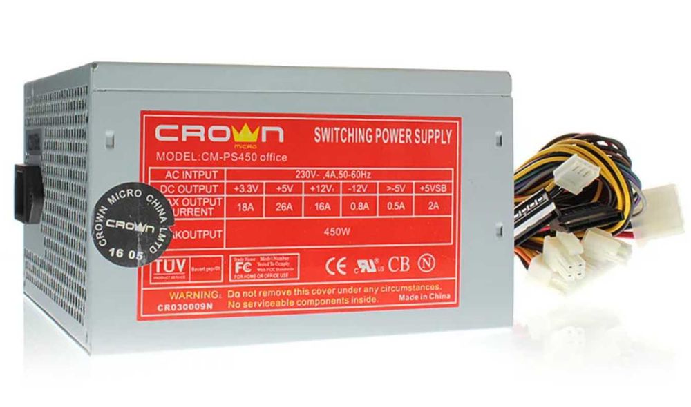 Блок живлення 450 Вт CROWN, 24+4+4 pin, живлення відеокарти - Ні, 120 мм, ATX, Опт та Гарантія