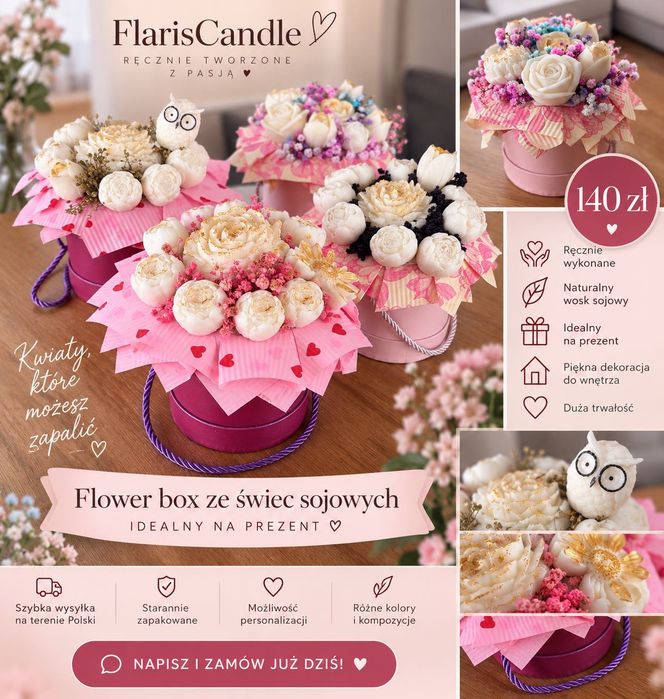 Flower box ze świec sojowych  – 140 zł