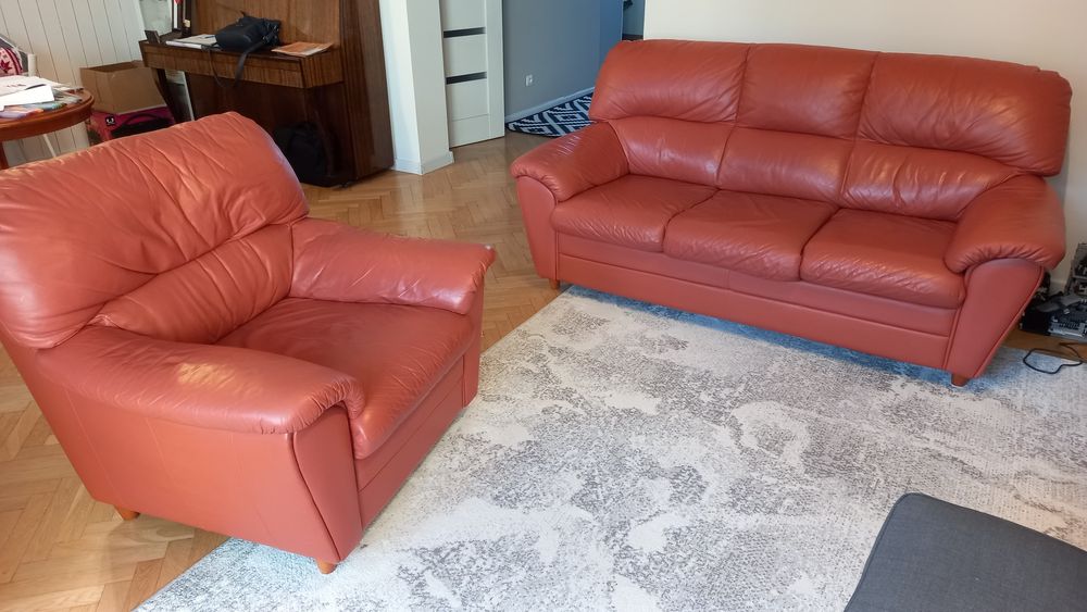 Skórzany komplet wypoczynkowy (sofa I fotel) w super modnym kolorze.