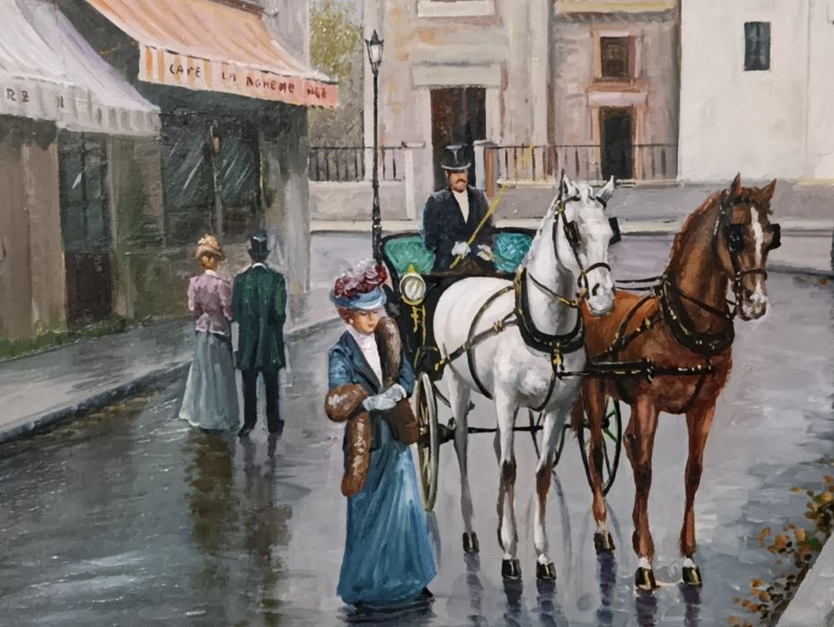 Par de pinturas a óleo sobre tela – ruas parisienses,  Belle Époque