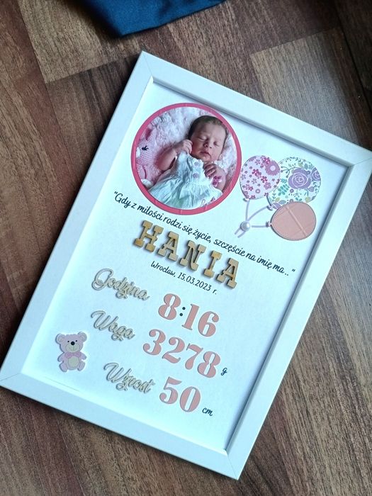 Metryczka z okazji narodzin dziecka w ramce ze zdjęciem