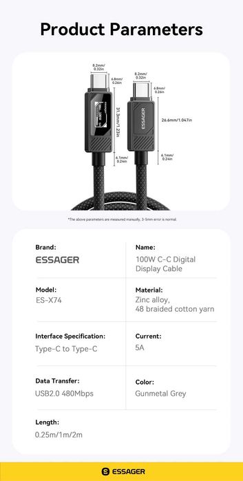 Новинка 2026! Кабель ESSAGER 100Вт TypeC-TypeC з OLED Дисплеєм 1м, PD MacBook iPhone 17|16/15/14, iPad Телефона/ноутбука. Андроид телефонов планшетов