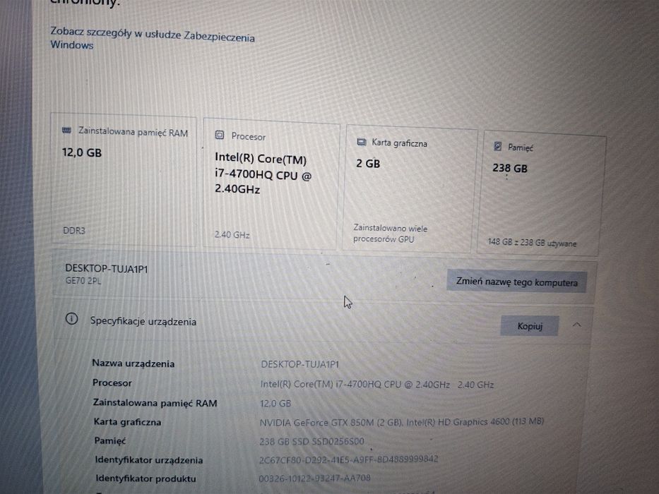 Laptop MSI GE70 Intel i7 GTX850
