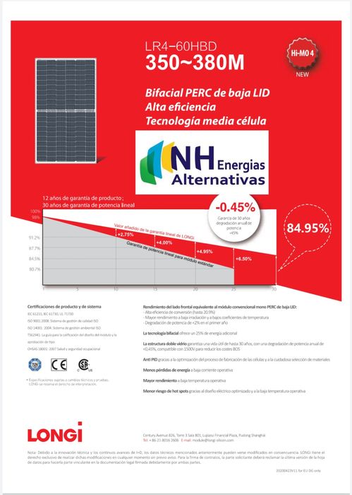 Painel Fotovoltaico 370W Bifacial 120 célula Longi monocristalino mono