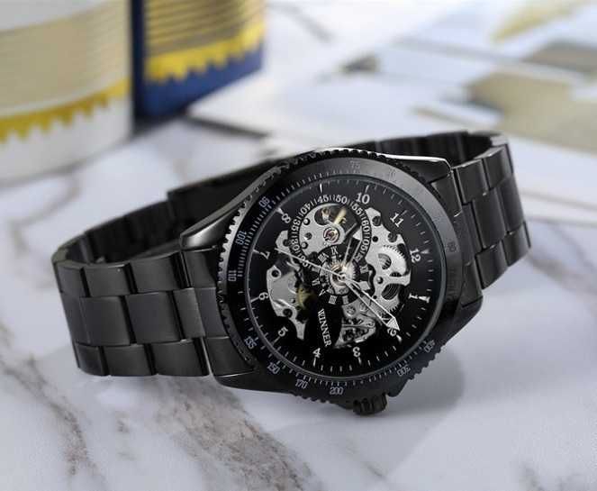 Механічний чоловічий наручний годинник мужские черные часы Skeleton 1