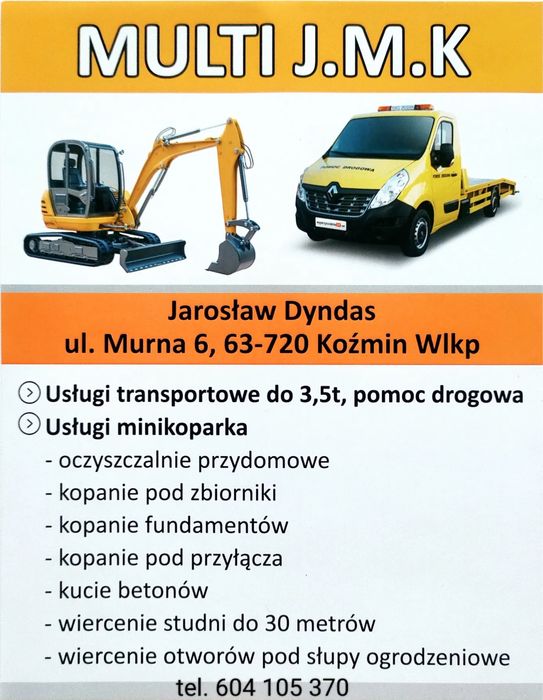 Usługi minikoparka, przecisk, kret, transport, oczyszczalnia, drenaż