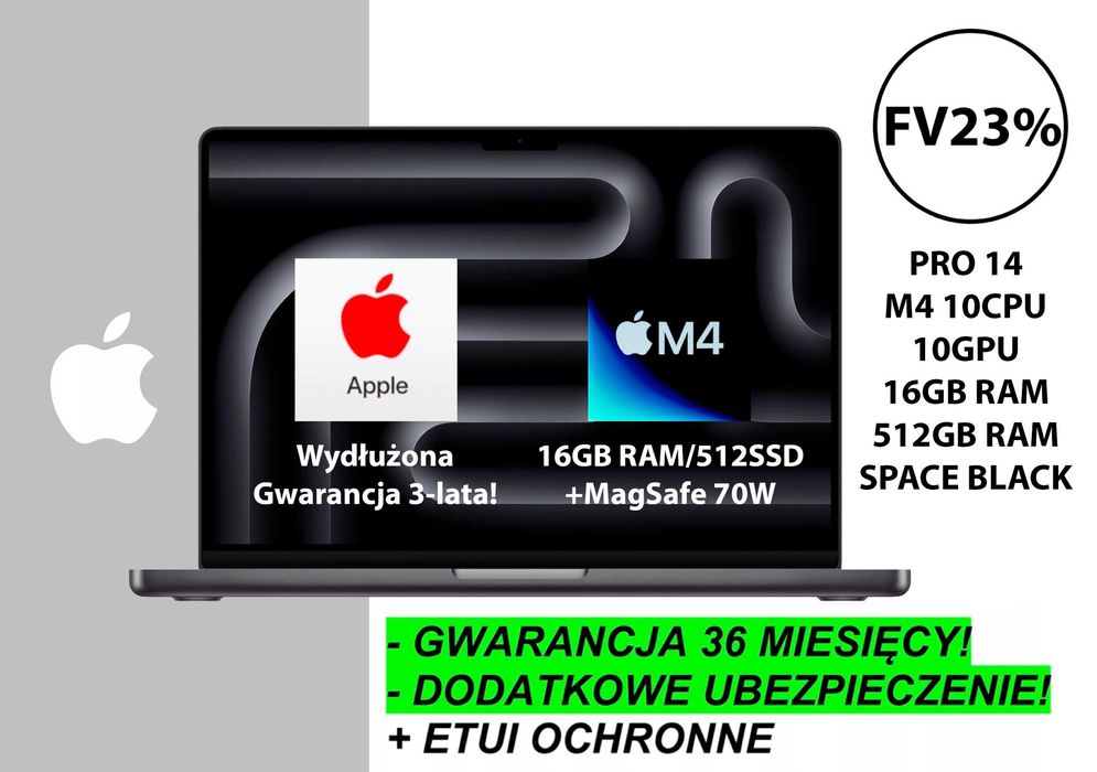 NOWY Apple MacBook Pro 14 M4 16GB RAM 512GB SSD DODATKI GW-3LATA FV23%