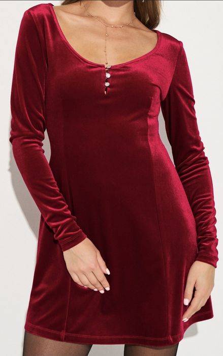 Червона велюрова міні-сукня з довгим рукавом XS