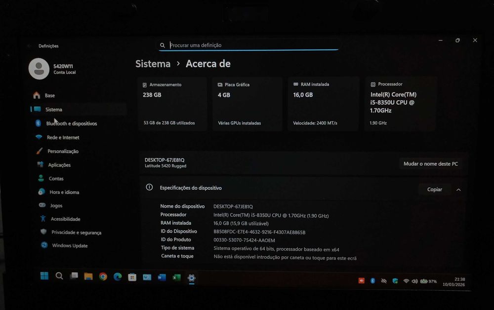 Dell Latitude 14 5420 Rugged/Ecrã 15.6FHD/i5 Quad/16GB RAM/Gráf. 4GB