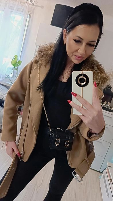 Kurtka biker motocyklowa Wełna H&M Hit L beż camel