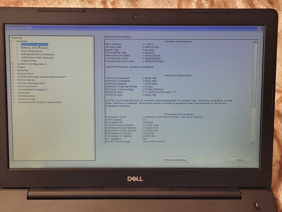 Dell Latitude 3590 Laptop i3-7130U 2.7GHz 8GB 240GB SSD  FHD 15.6"