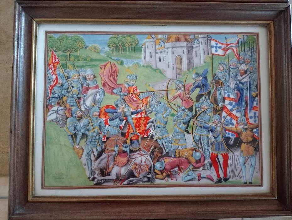 2 placas cerâmica VA, 23x30 cm,vista de Lisboa e Batalha de Aljubarrota,1385/1985