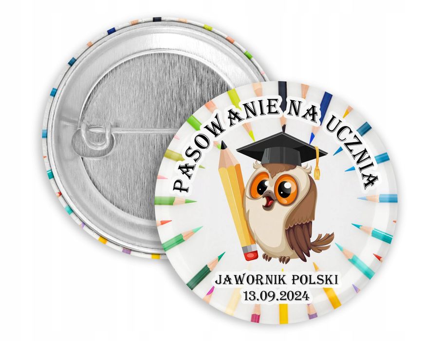 Przypinka button Pasowanie na ucznia przedszkolaka prezent upominek P