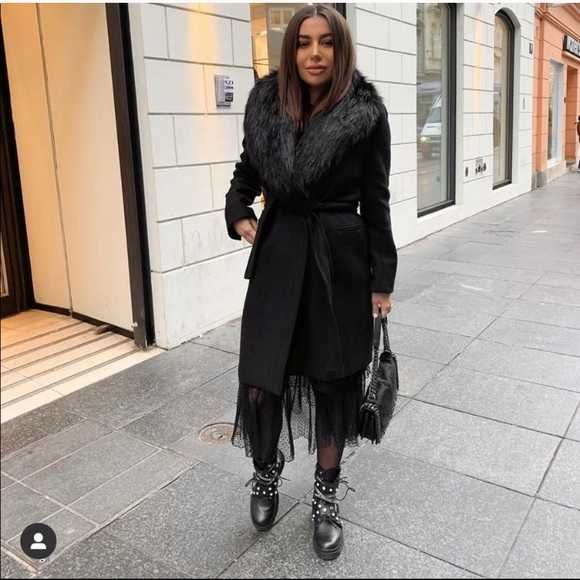 Płaszcz Zara czarny wełna Manteco wełniany z odczepianym futrem L