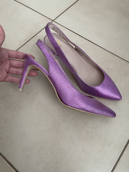 H&M wrzosowe blyszczace lila róż buty na obcasie 38