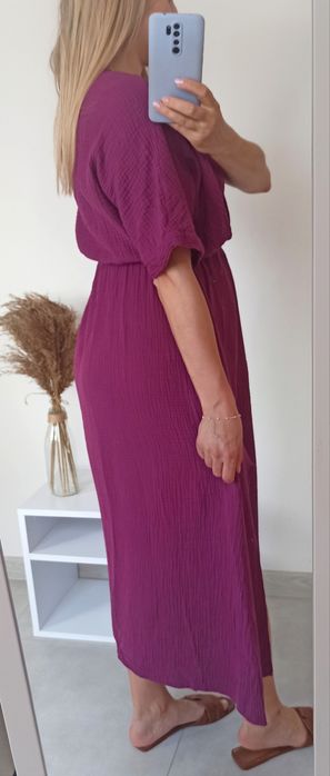 Sukienka muślinowa bawełna śliwkowa uni kopertowa midi