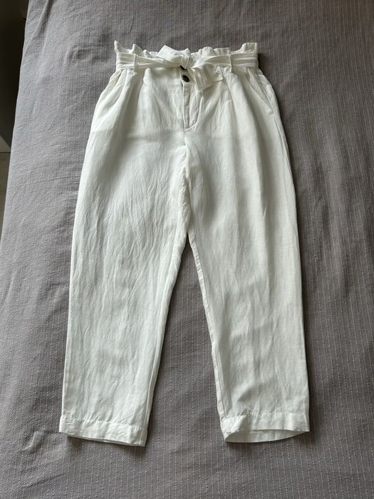 Białe lniane długie spodnie z wysokim stanem C&A 42