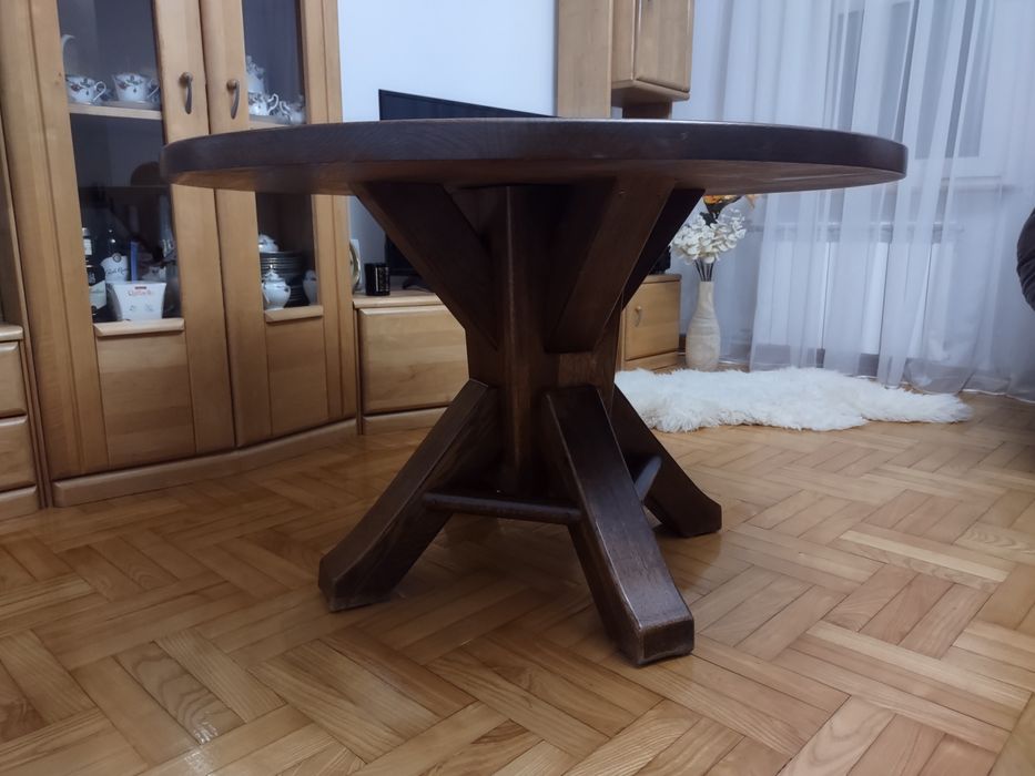 Okrągły Stół drewniany lity dąb, antyk, masywny, 6 miejsc