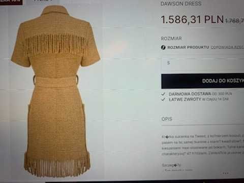 Oryginalna sukienka Pinko z frędzlami i paskiem  r.S