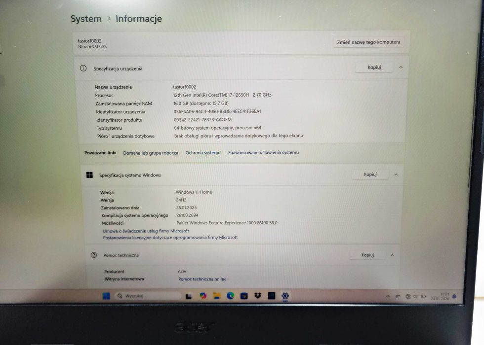Laptop ACER Nitro AN515-58 i7/RTX 4060/16GBRAM 1tb Gwaranc K&B Handel