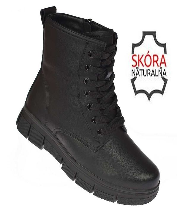 Skórzane wysokie botki damskie kozaki ocieplane glany B-3-1378 roz. 37
