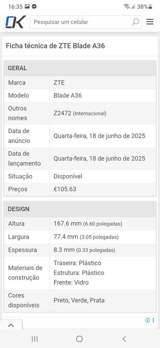 Telemóvel ZTE Blade A36  4 Ram 64GB