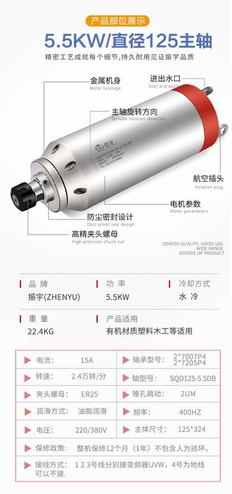 Шпиндель 5.5кВт 380V  водяное охлаждение
