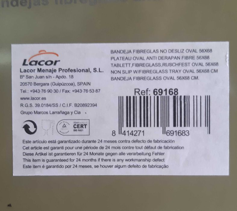 Grande Bandeja Serviço Oval LACOR Fibra Vidro Anti Deslizante 56x68cm