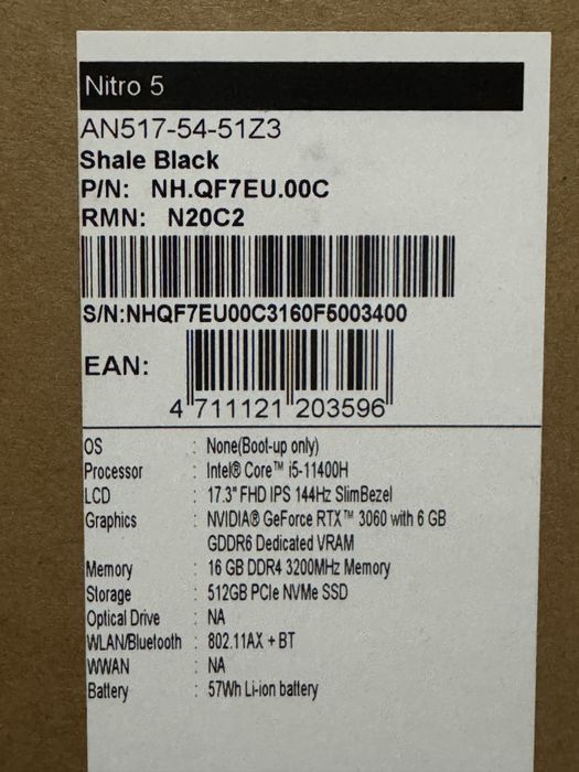 Ігровий ноутбук Acer Nitro 5: 17", i5-11400H, RTX 3060 6Gb, 16Gb DDR4