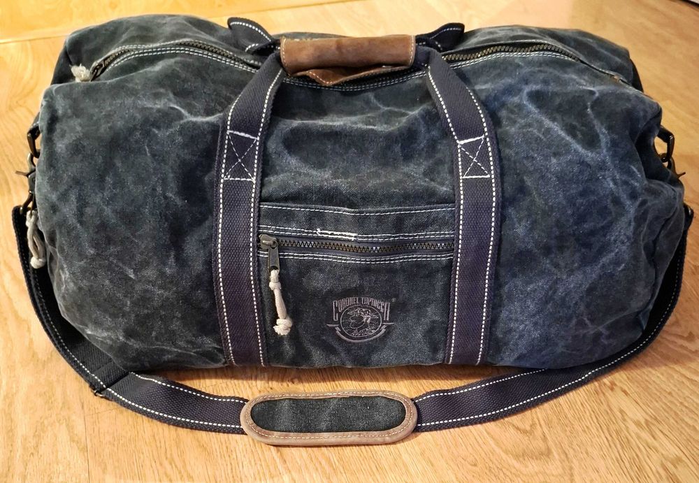 Saco de viagem em lona canvas azul "Coronel Tapioca" como novo