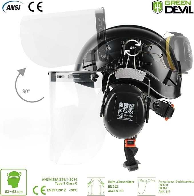 Kask GREEN DEVIL 3w1 Czarny Ochrona Słuchu + Twarzy EN397 EN352-3