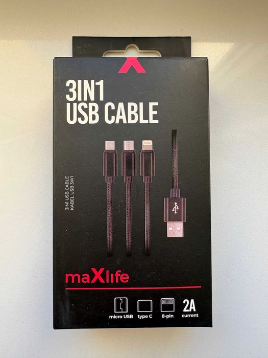 Kabel USB 3w1 2A 1m Micro USB + Typ C + Lightning MaXlife