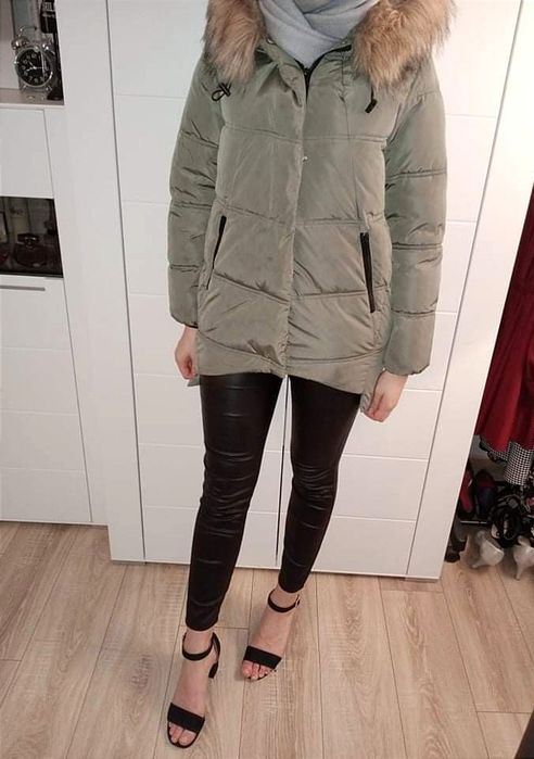 kurtka khaki puffer pikowana z kapturem