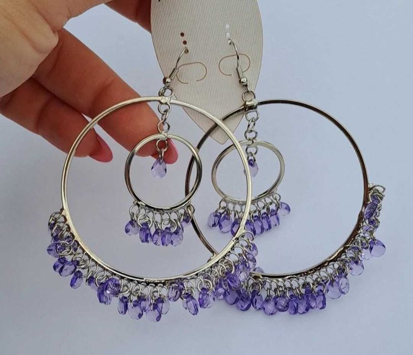Piękne Duże Wiszące Kolczyki Koła Srebrne Fioletowe  Kryształki