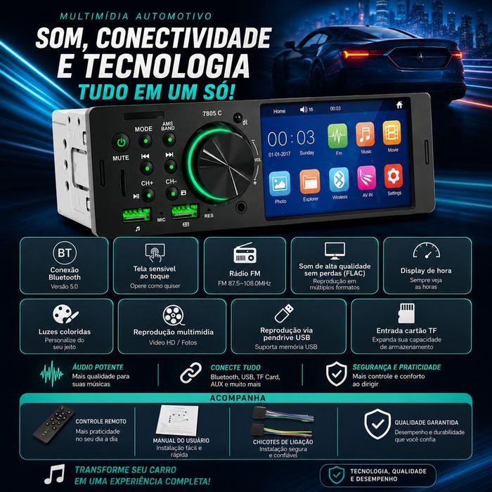 Auto Radio 1 DIN – Ecrã Tátil 4,1" HD | Bluetooth | USB | FM
