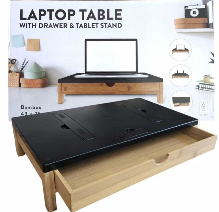 Podstawka pod Laptop Monitor Bambusowa z Szufladą Organizer Uchwyt