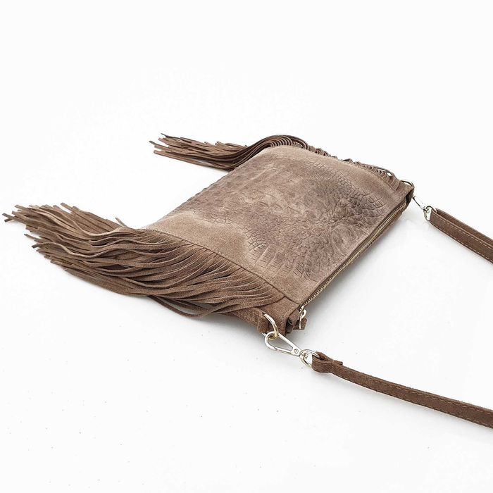 VERA PELLE torebka zamszowa listonoszka z frędzlami V001 chabrowa