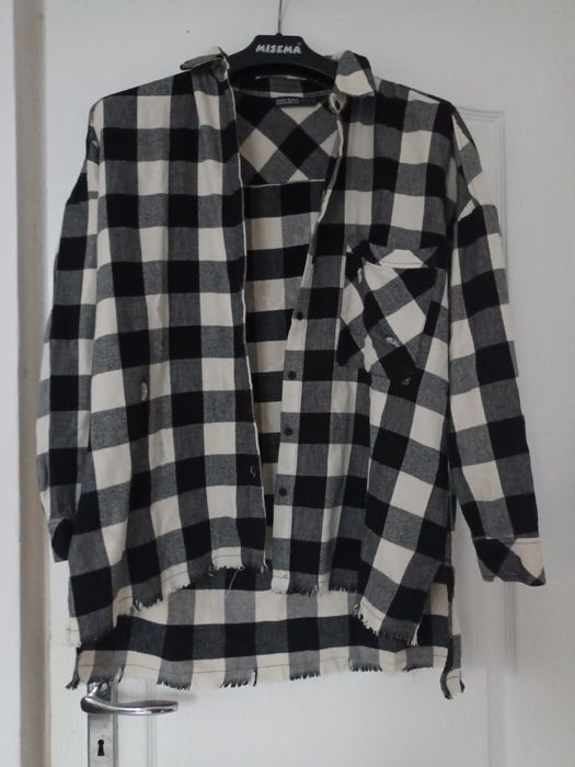 Długa koszula w czarno białą kratę Zara M