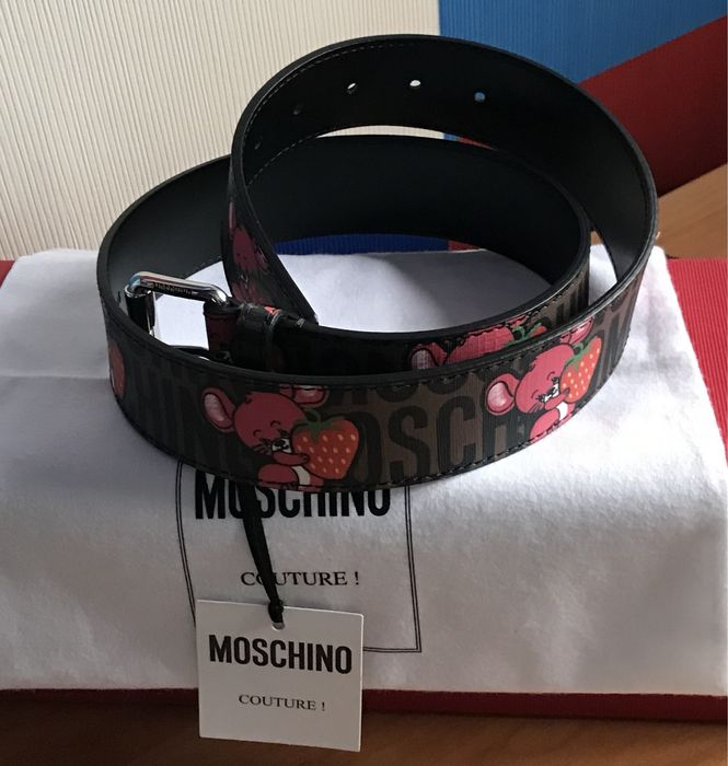 Pasek Moschino Couture, skóra, limitacja „Myszka z truskawką”,46=100cm