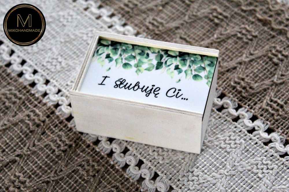 Personalizowane pudełko na obrączki – eukaliptus | boho | rustykalne