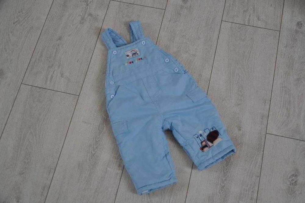 Błękitne spodnie ogrodniczki narciarskie r.74cm szelki ocieplane