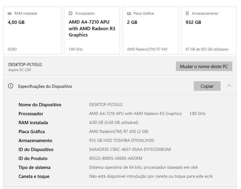 Computador Usado Acer Aspire XC-230 | AMD A4 | 4GB RAM | 932GB HDD