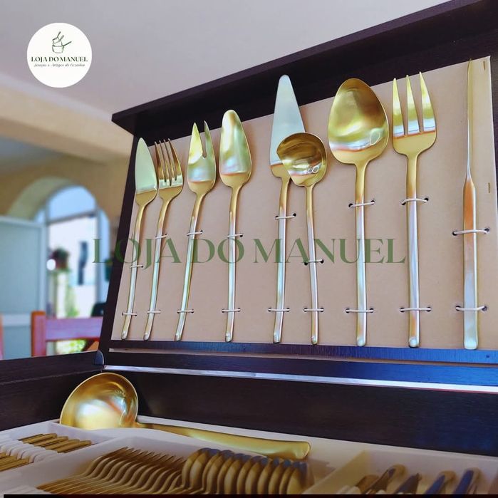 HERDMAR - Elegante Faqueiro Stick Dourado Mate com 130 peças *NOVO*