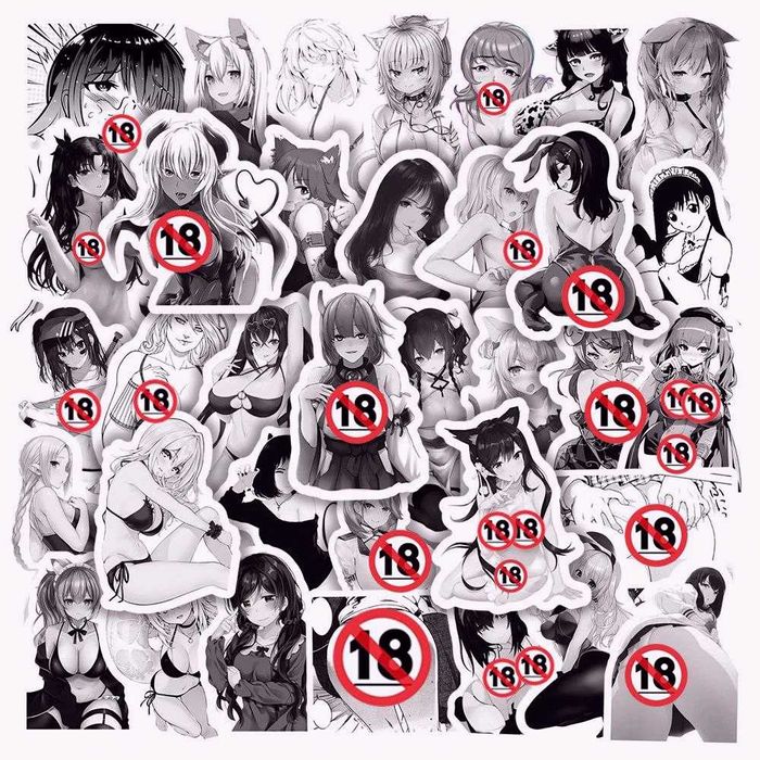 Наклейки стикеры хентай аниме вайфу сексуальные девушки черно-белые