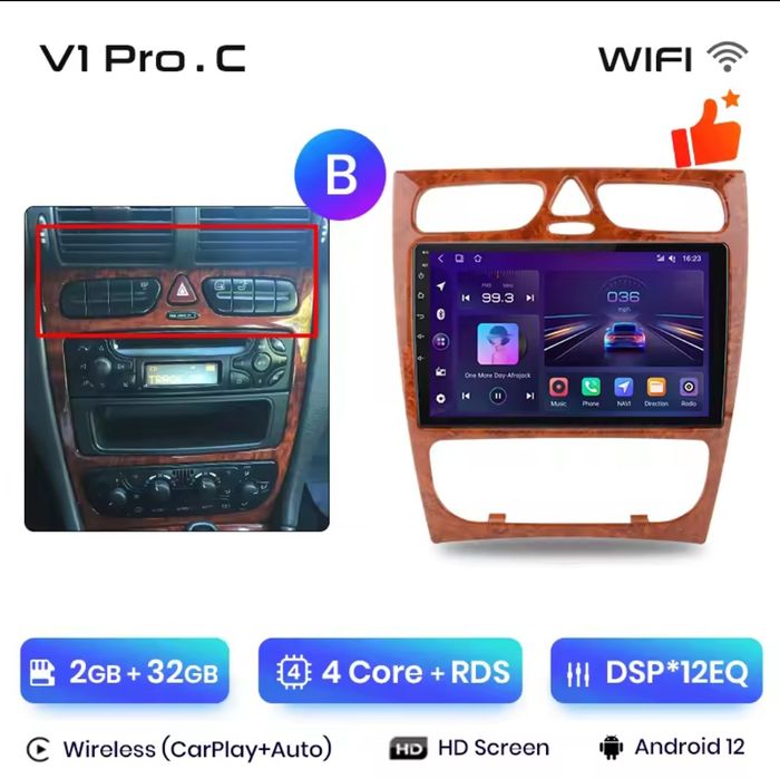 Rádio 9" Android Mercedes W203 S203 A209 Carplay 2/32GB GPS WiFi novo