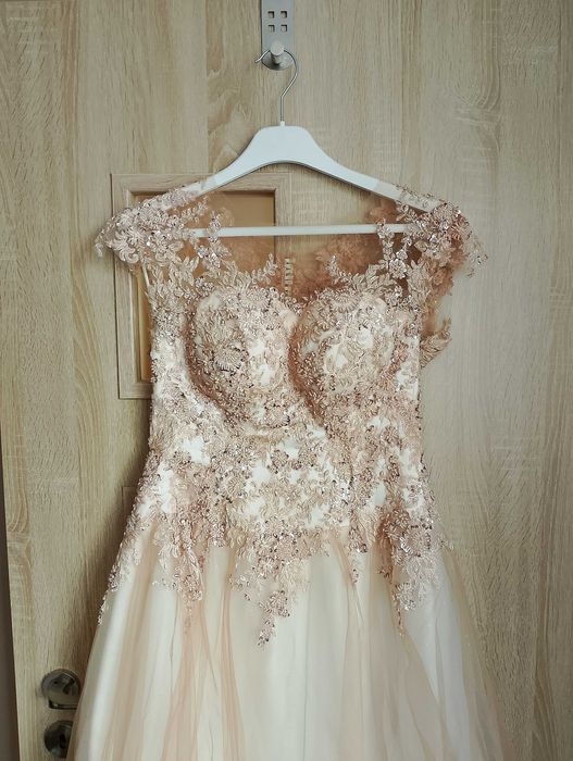 Oryginalna suknia ślubna, szampan, Atelier Zuzanna Lublin, rozmiar 44