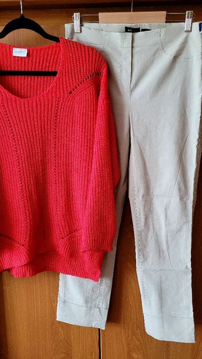Zestaw beżowe spodnie oaz koralowy sweterek  L/XL