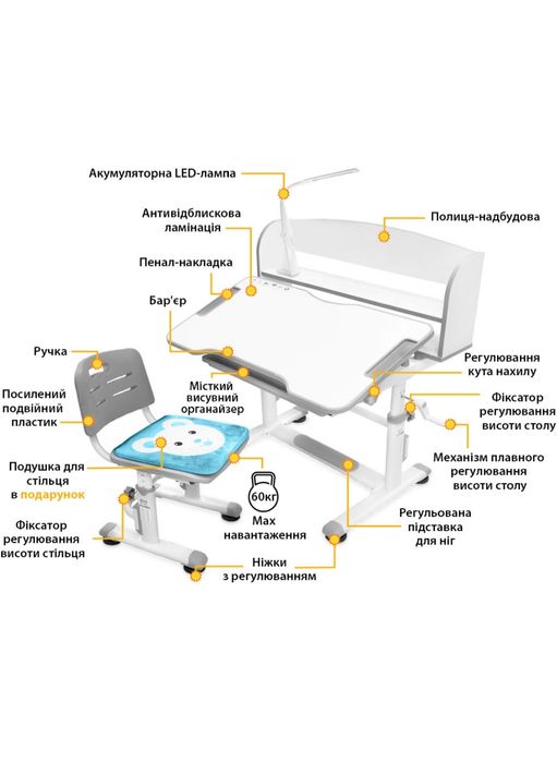 Парта стол стульчик полка лампа